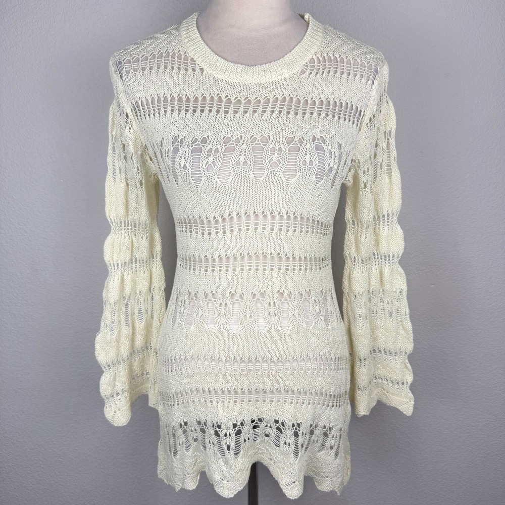 Cream Open Knit Crochet Bell Sleeve Tunic Top Scalloped Hem Boho Cute Size Med - Picture 1 of 7